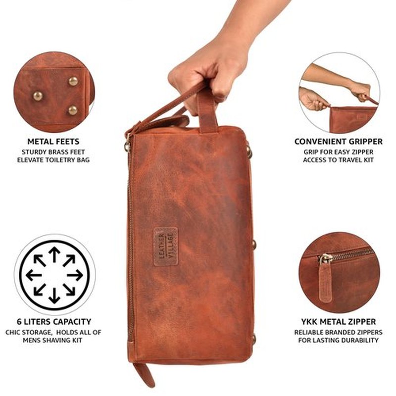 LEATHER VILLAGE Premium Leather Travel Toiletry Bag - Unisex Water-Resistant Travel Dopp Kit, Shaving & Cosmetic Organizer for Men & Women - Compact Bathroom Essentials - Red Brown