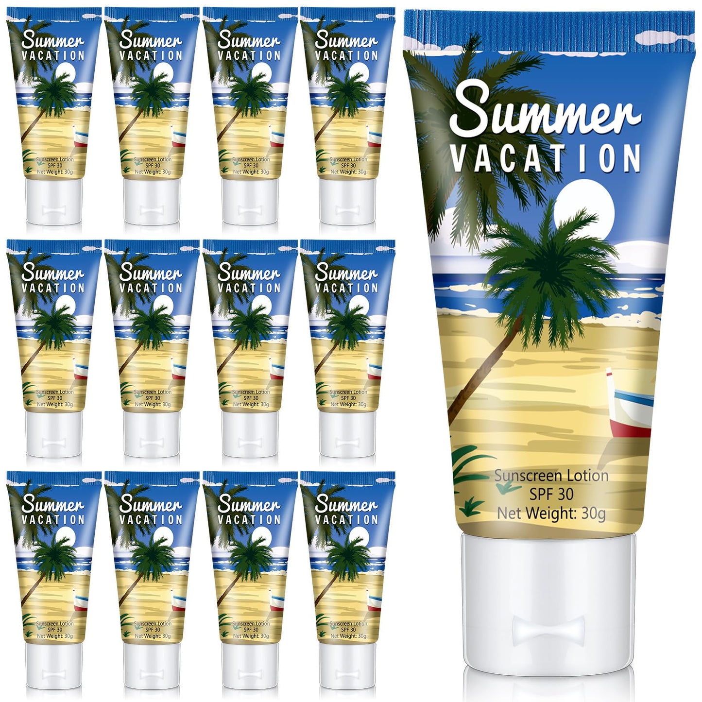 Dansib 12 Pcs Mini Sunscreen Bulk for Summer Party Wedding SPF 30 Water Resistant Sunscreen Lotion Bulk 1oz Travel Size for Thank You Gifts Wedding Supplies (Vacation Time)
