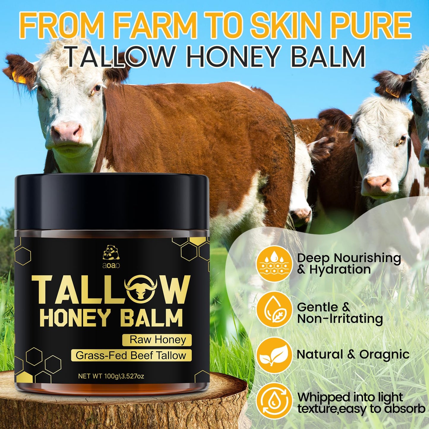 Tallow Honey Balm for Face & Body, Moisturizer with Organic Grass-Fed Beef Tallow & Raw Wild Honey, Not Diluted, Natural Hydration, Soothes & Nourishes Dry, Sensitive, Cracked Skin (Tallow Honey_1)