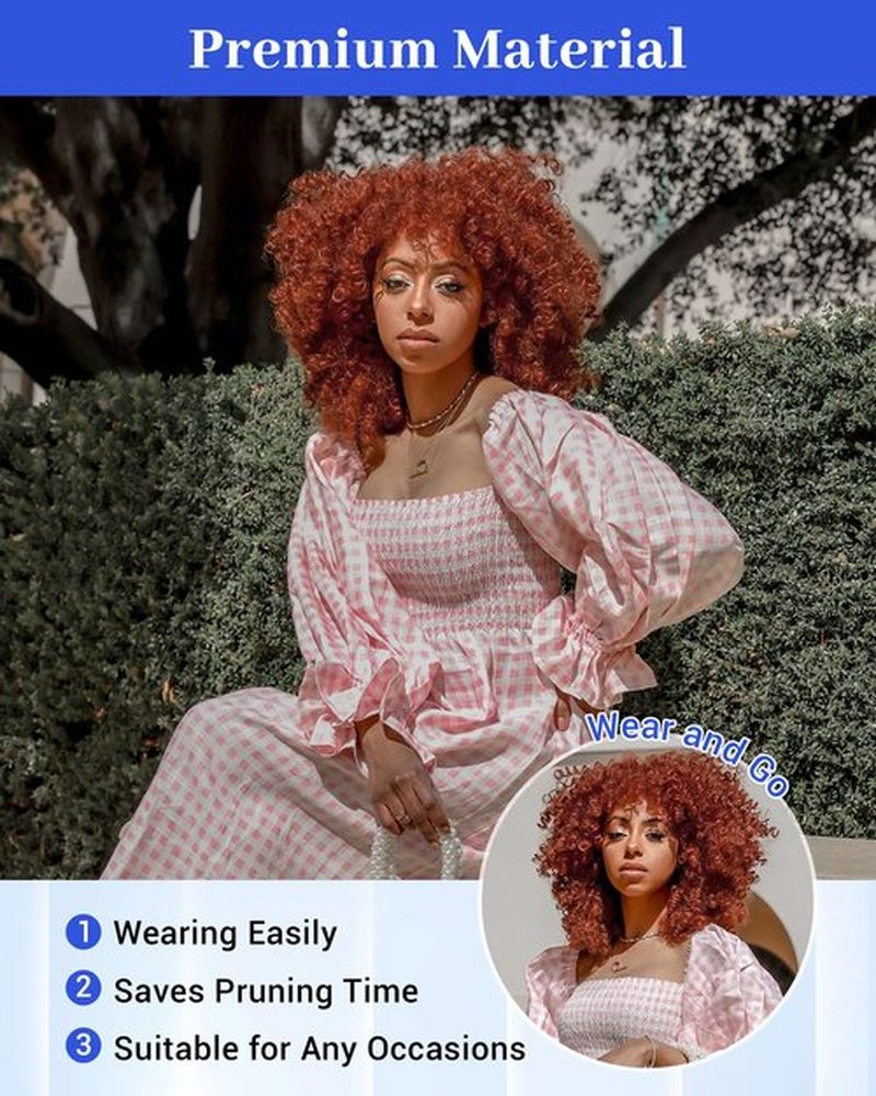 Marshey Afro Curly Wigs with Bangs for Black Women Kinky Curly Synthetic Hair Heat Resistant 12 Inch Short Ginger Wig for Daily Party (Orange)