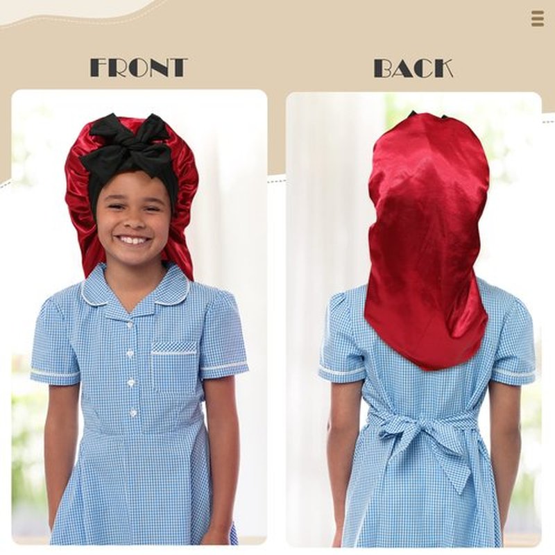 Kids Long Hair Bonnet for Sleeping - Double Layer Girls Elastic Satin Bonnet with Tie Band for Braid Curly Hair (Black+Wine)