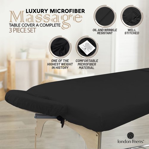 London Linens Soft Microfiber Massage Table Sheets Set 3 Piece Set - Includes Massage Table Cover, Massage Fitted Sheet, and Massage Face Rest Cover (Exotic Black)