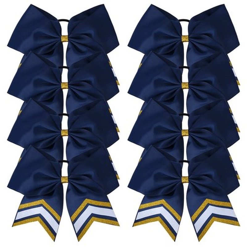 DEEKA 8PCS Large Glitter Cheer Bows Shiny 7" Cheer Hair Bows Ponytail Holder Handmade for Cheerleader Girls Softball Sports -Navy/g Gold