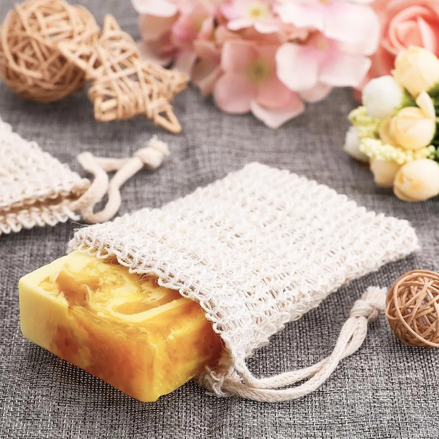 50 Pack Sisal Soap Saver Bag with Drawstring, Natural Cotton-Linen Exfoliating Net Pouch for Foaming and Drying, Travel Bar Soaps Mesh Bags Soap Savers for Bath and Shower Use