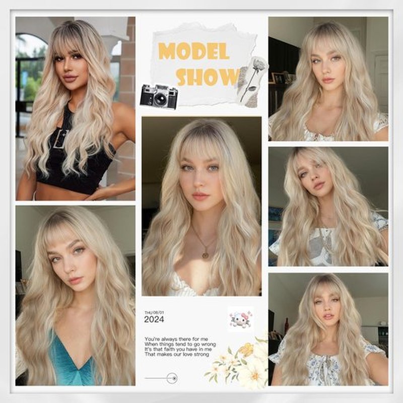 TOPHR Long Ombre Blonde Wig with Bangs 26 Inch Natural Wavy Heat Resistant Fiber Synthetic Wigs for Women Daily or Party Wear