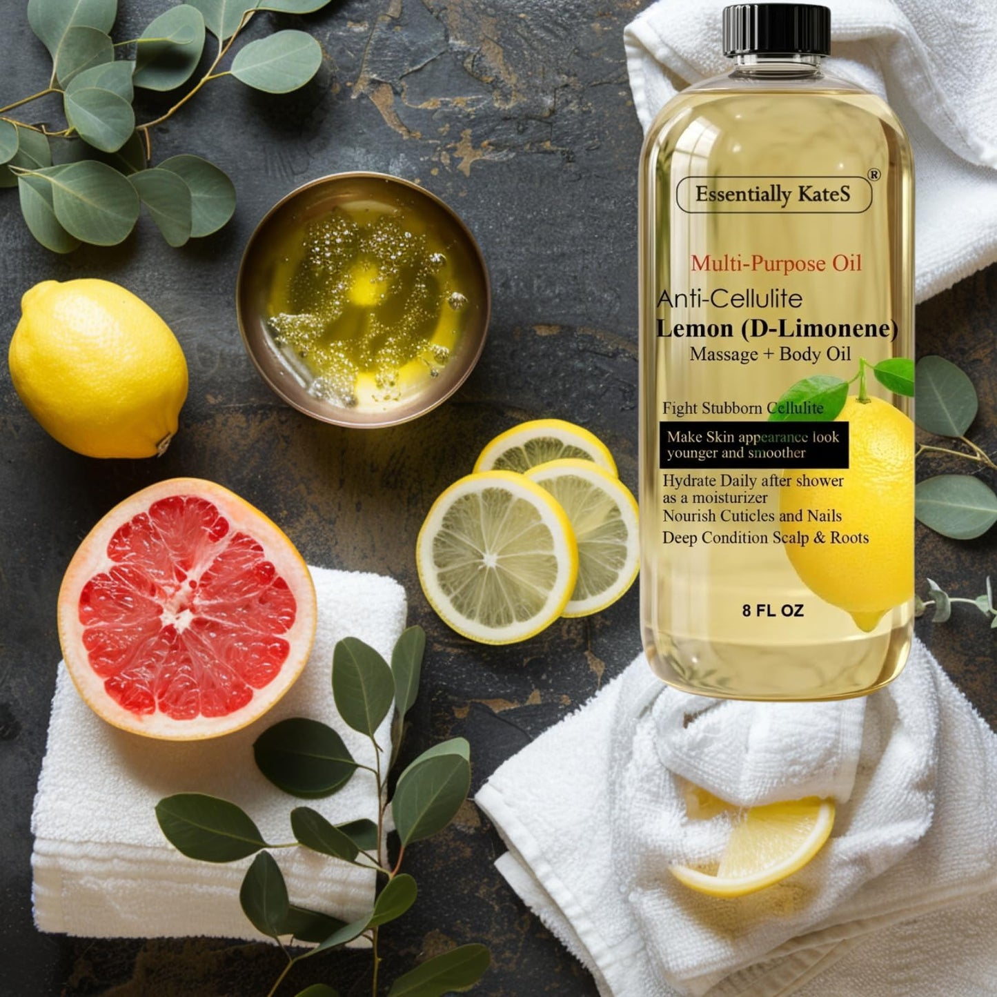 Essentially KateS Lemon (D-Limonene) Massage Lotion Body Oil Multi-Purpose Oil 8 Fl Oz - Cellulite Massage, After-Shower Moisturizer, Hair Scalp Conditioning, and Nail & Cuticles Nourishing