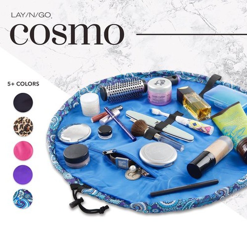 Lay-n-Go Cosmo Drawstring Cosmetic & Makeup Bag Organizer - Portable Drawstring Makeup Bag w/Zipper Pocket, Makeup Loops & More - Durable, Machine Washable Makeup Bag for Travel (22", Blue Paisley)