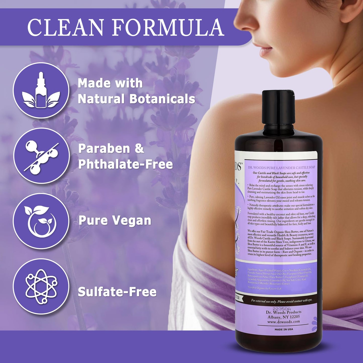 Dr. Woods Lavender Liquid Castile Soap - Castile Soap with Pure Lavender Oil, Body Wash for Men and Women, Organic Shea Butter, Natural Cleaner for Face, Hands, and Body - 32 Fl Oz, Pack of 2