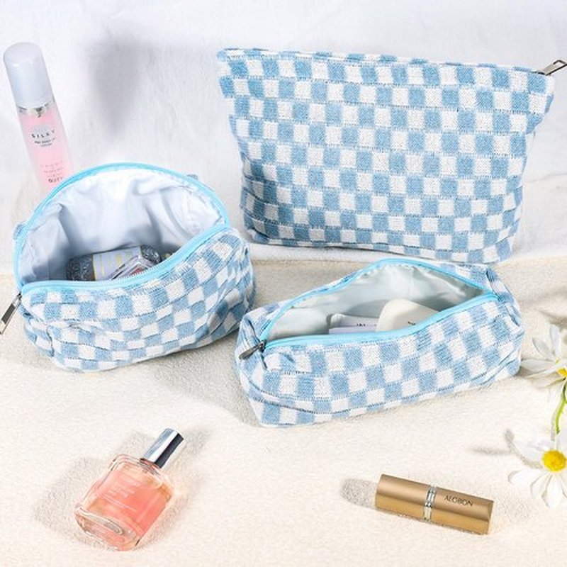 ZLFSRQ 3Pcs Checkered Makeup Bag for Women Large Cosmetic Bag Set Travel Toiletry Bag Makeup Pouch Bag for Purse Blue Zipper Storage Bag Organizer Cute Small Aesthetic Girls Car Essentials Bag