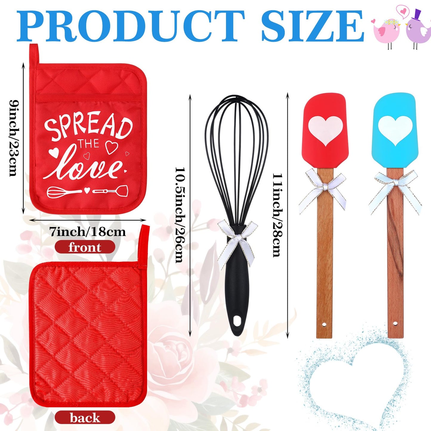 FillTouch 12 Pcs Bridal Shower Games Prize Potholder Silicone Spatula Whisk Wedding Gifts Bridal Shower Potholders for Kitchens Utensils Guests Games Prize Favors Spread Love Sweet