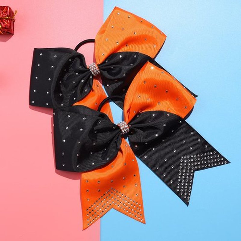 DEEKA 10 PCS Rhinestones Two Toned Large Cheer Hair Bows 7" Glitter Cheer Ponytail Holder Handmade for Teen Girls Softball Cheerleader Sports -Orange/Black
