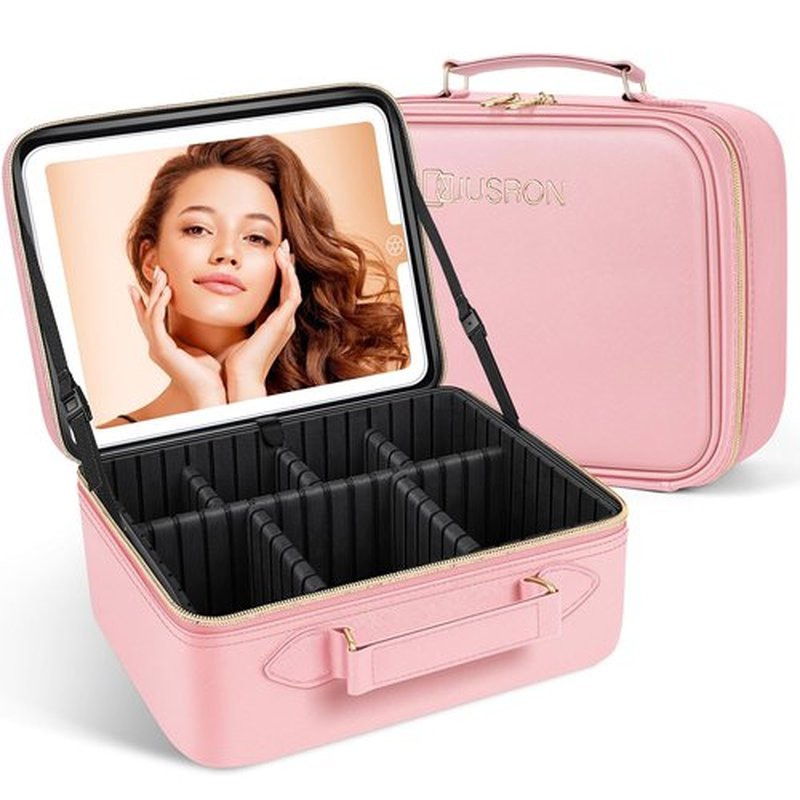 JUSRON Travel Makeup Bag With LED Mirror, Train Case with Light up Mirror, Portable Makeup Artist Organizer Bag with Adjustable Dividers, Makeup Brush Holder Storage (Pink, Large)