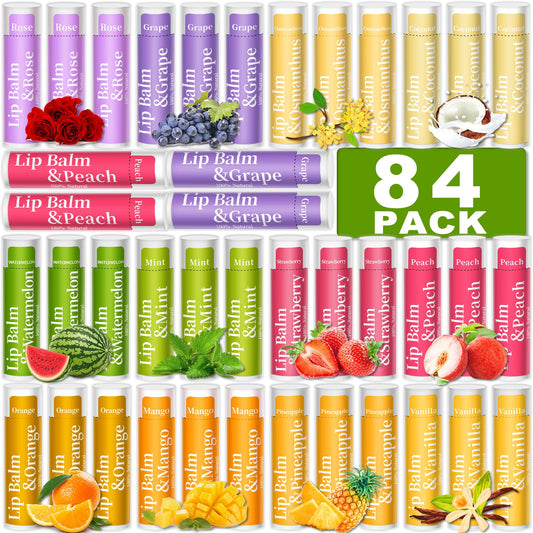 RBUGR 84 Pack of Lip Balm, 12 Flavored Lip Balms Natural Organic Vitamin E Lip Balm Pack for Dry Cracked Lips, Moisturising Lip Balm Bulk Gifts Stocking Stuffers Party Favors(4.2g/0.15oz)