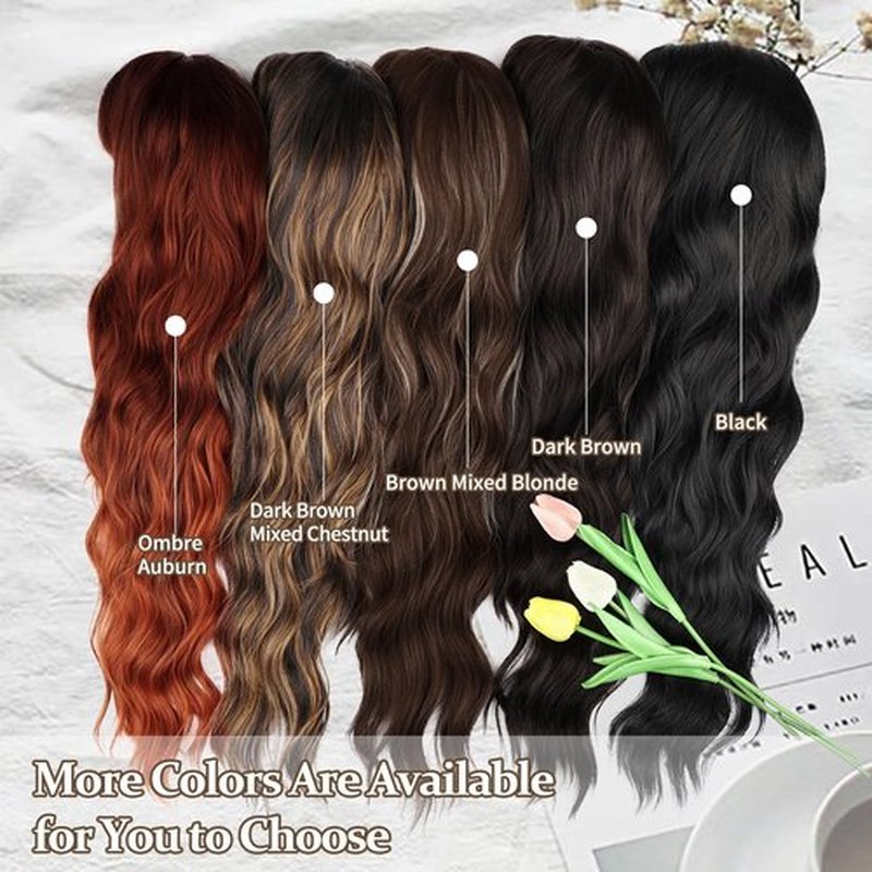 NAYOO Brown Wigs with Bangs for Women Long Curly Wavy Hair Wigs Heat Resistant Synthetic Fiber Wigs for Daily Party Use 26 Inches (Dark Brown)