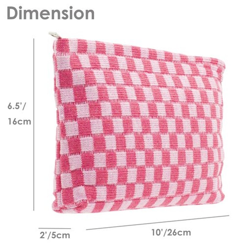 PAZIMIIK Knit Checkered Makeup Bag Large Zipper Make Up Accessory Pouch for Purse Cosmetic Brush Bag for Travel Essential,Hotpink