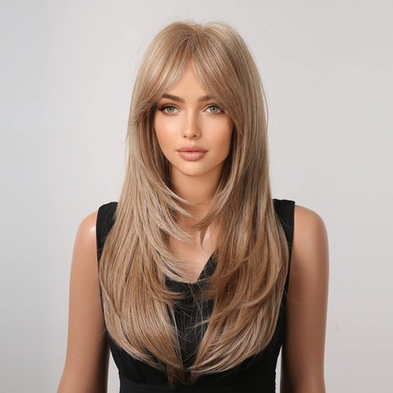 MAGQOO Cherry Blonde Wig for Women Strawberry Blonde Layered Wig Long Light Brown Wig with Bangs Synthetic Heat Resistant with Wig Cap