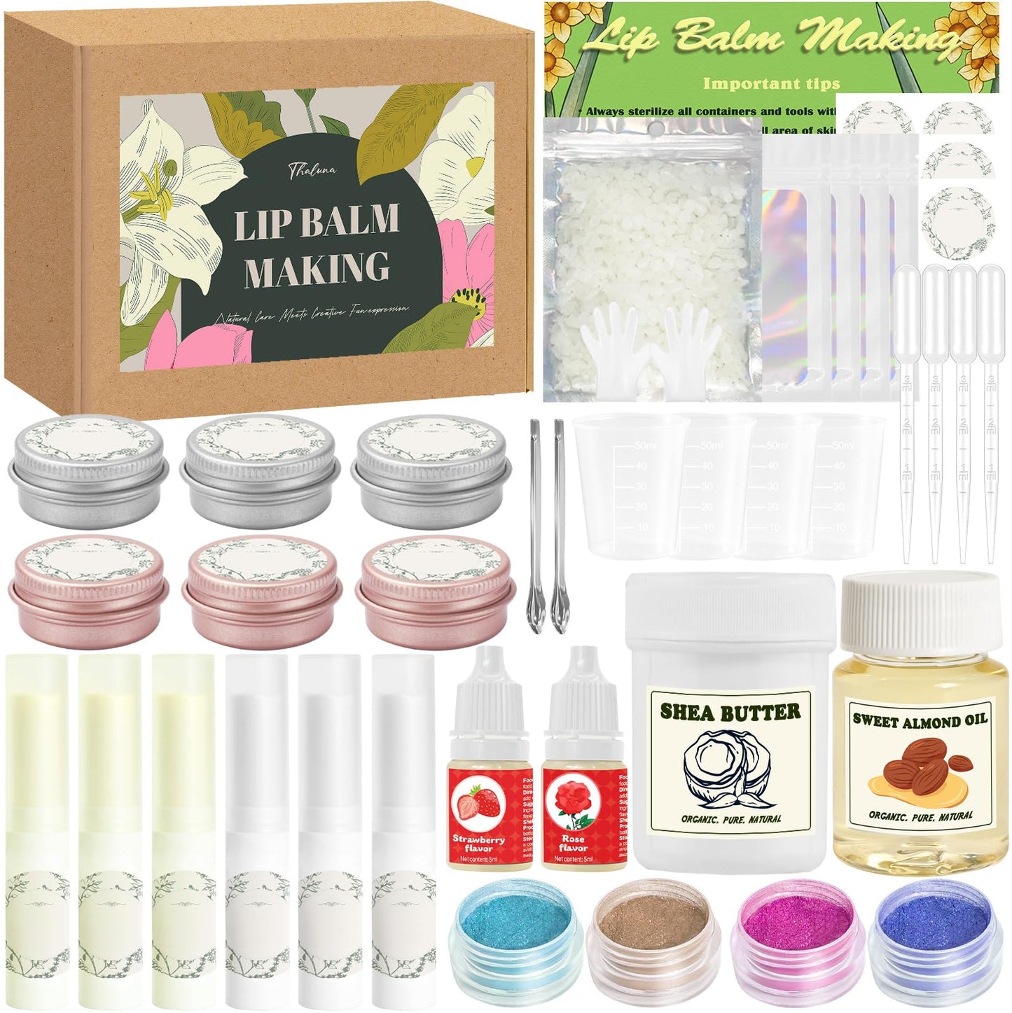 Thaluna Lip Balm Making Kit- Shea Butter Make Your Own Lip Balm for Adults, Moisturizing DIY Lip Gloss Kit with Beeswax, Sweet Almond Oil, Essential Oil, Empty Tubes, Christmas Gift for Girls & Women