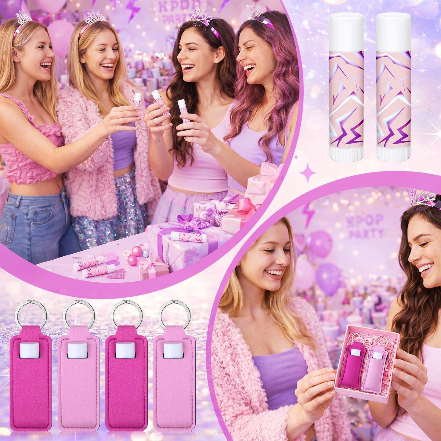 Sacubee 48 Pcs K Pop Themed Lip Balms Party Favors Bulk Neon Purple Girl Power Design Lipstick with Holder Keychains K Pop Theme Party Favor Goodie Perfect for Birthday Parties and Friend Gatherings