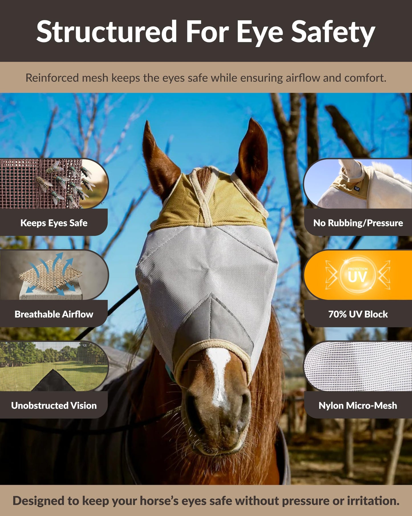 TSZ Horse Fly Mask Standard No Ears - UV Block 70% Breathable Soft Fleece Padding Fly Masks for Horses Flymask Durable Fly Control Comfortable Adjustable Straps All-Day for Equines