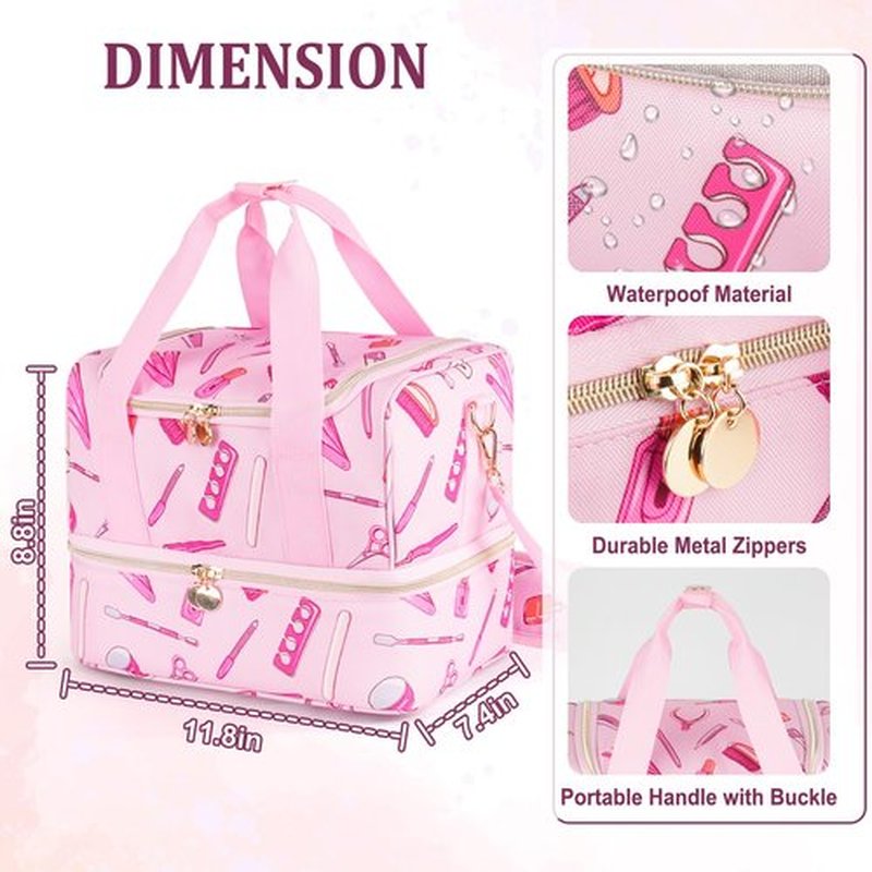 Jaffzora Nail Polish Organizer Case, Double Layers Nail Organizers and Storage, Holds 40 Bottles Gel Nail Polish&Nail Lamp, Travel Nail Supplies Carrying Bag for Nail Art Tech & Manicure Tools,Pink