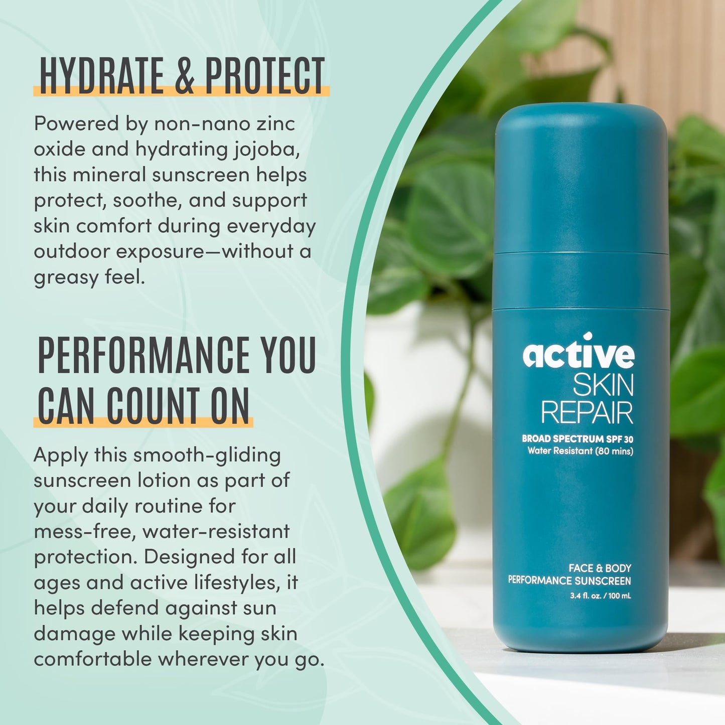Active Skin Repair SPF 30 Performance Water-Resistant Sunscreen for Face & Body, Reef-Safe and EWG Verified, Hydrating Broad Spectrum Sunscreen Body Lotion, 3.4 fl oz