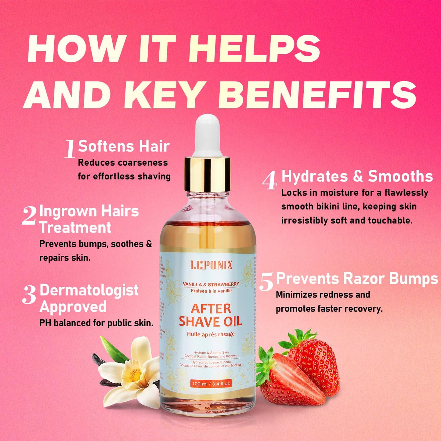 LEPONIX After Shave Oil for Women - 2025's Strawberry Vanilla Revolution (Not Grandma's Shave Oil) - Post Shave Treatment Prevents Ingrown Hairs & Razor Burn - Razor Bumps Treatment for Women - 100ml