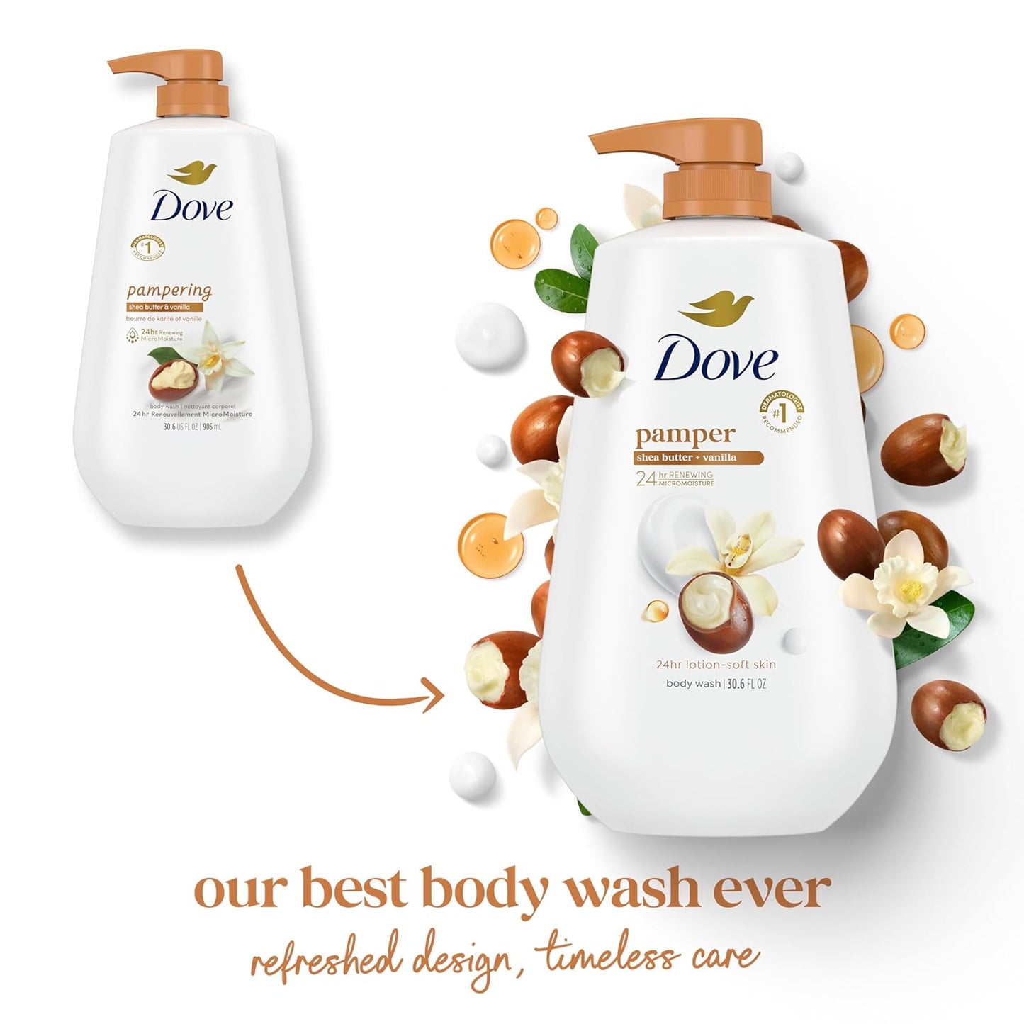 Dove Pampering Body Wash Nourishes & Feeds Skin Shea Butter with Warm Vanilla Effectively Washes Away Bacteria While Nourishing Your Skin 44.0 Fl Oz, (Pack of 2)