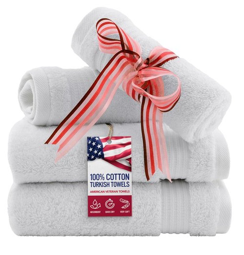 American Veteran Towel, 100% Cotton Turkish Washcloths for Bathroom Essentials 4 Pack, Soft Absorbent Wash Cloths Quick Drying Small Towels Washrags, White