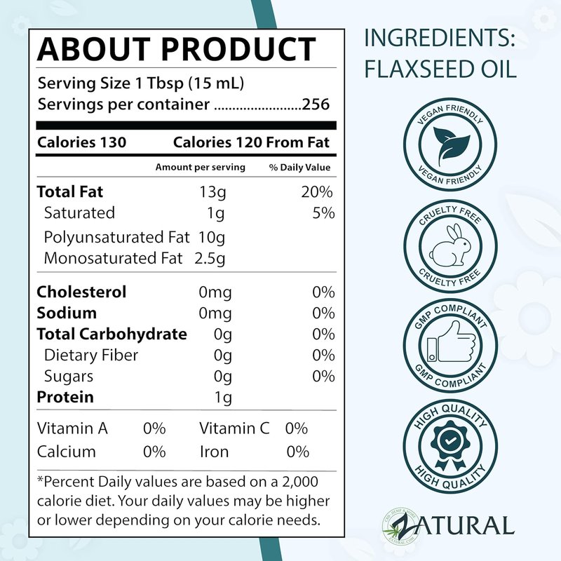 Zatural Cold Pressed Flaxseed Oil - 100% Pure Vegan Omega-3 ALA | Ideal for Salads, Smoothies & Skincare (1 Gallon)