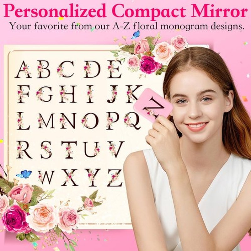 KEWWADB Travel Mirror with Lights, Initials Portable Compact Mirror, Travel Essentials, Suitable for Teen Girls, Young Women Gifts Ideas, Birthdays Gifts(Pink) (N)