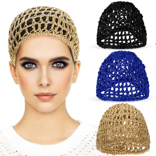 Etercycle 3 Pieces Mesh Crochet Hair Net Snoods for Women, Soft Rayon Knit Crochet Hairnet Hair Cover Accessory for Sleeping (Black, Blue, khaki)