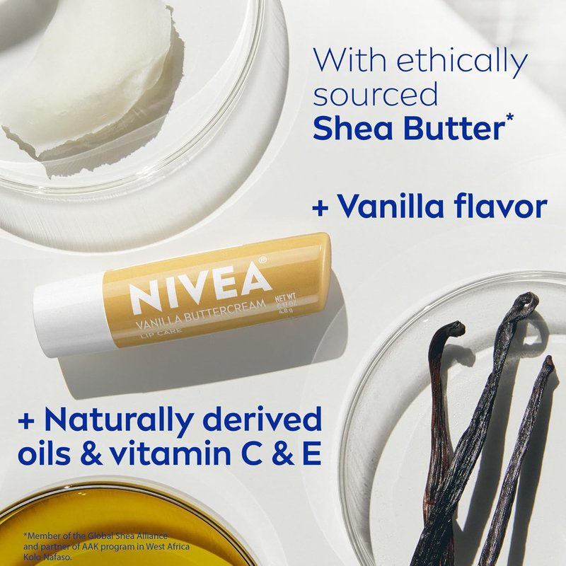 NIVEA Vanilla Buttercream Lip Balm - Moisturizing Shea Butter & Nourishing Oils | 0.17 Oz Stick, Pack of 4