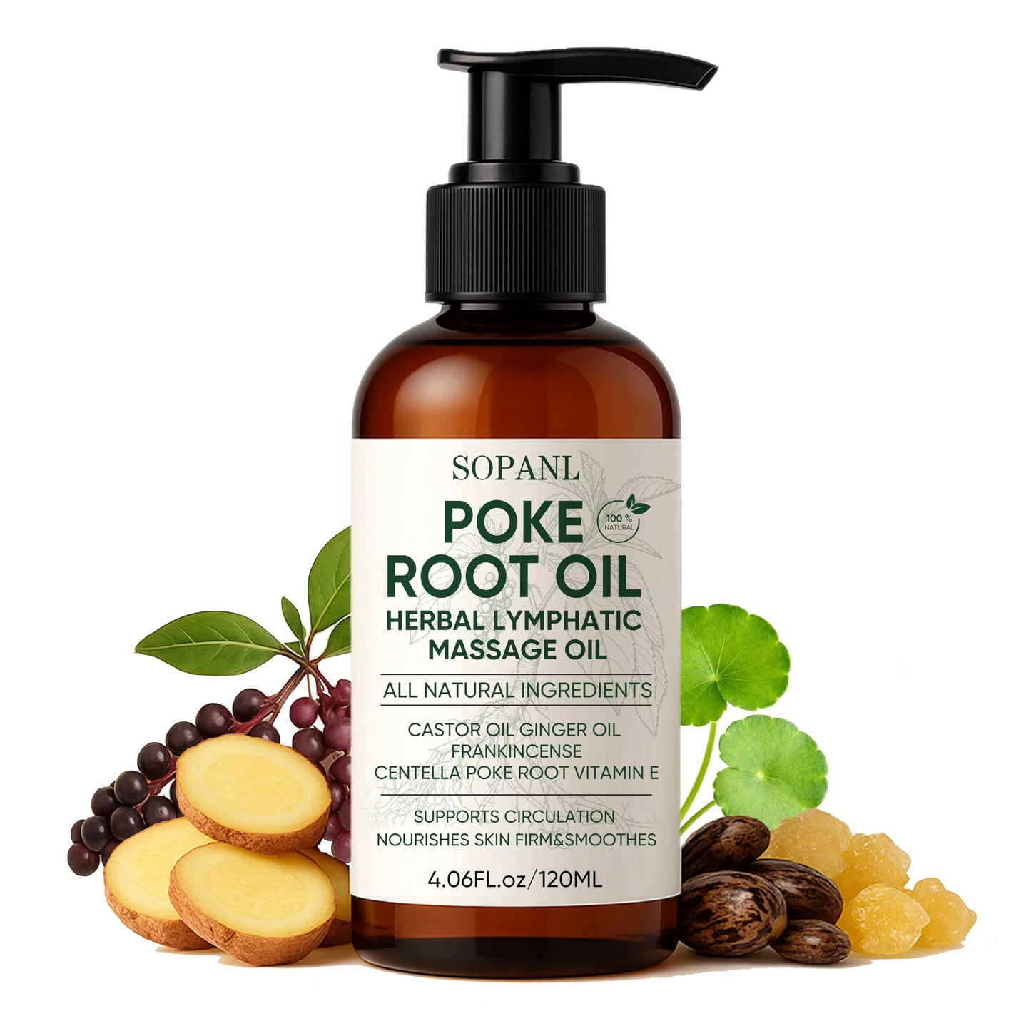 Organic Poke Root Castor Massage Oil – Herbal Body Massage Oil for Circulation Comfort & Skin Firming, Natural Blend with Ginger, Frankincense & Vitamin E, 4.02 fl oz / 120 ml