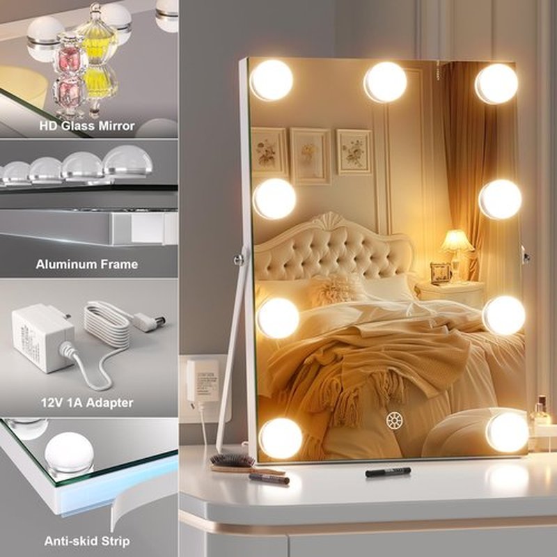 Hasipu Vanity Mirror with Lights and Bluetooth Speaker, 9.8" x 13.8" Hollywood Mirror with 9 Dimmable Bulbs, Smart Touch 3 Colors Dimmable, 360° Rotation, White