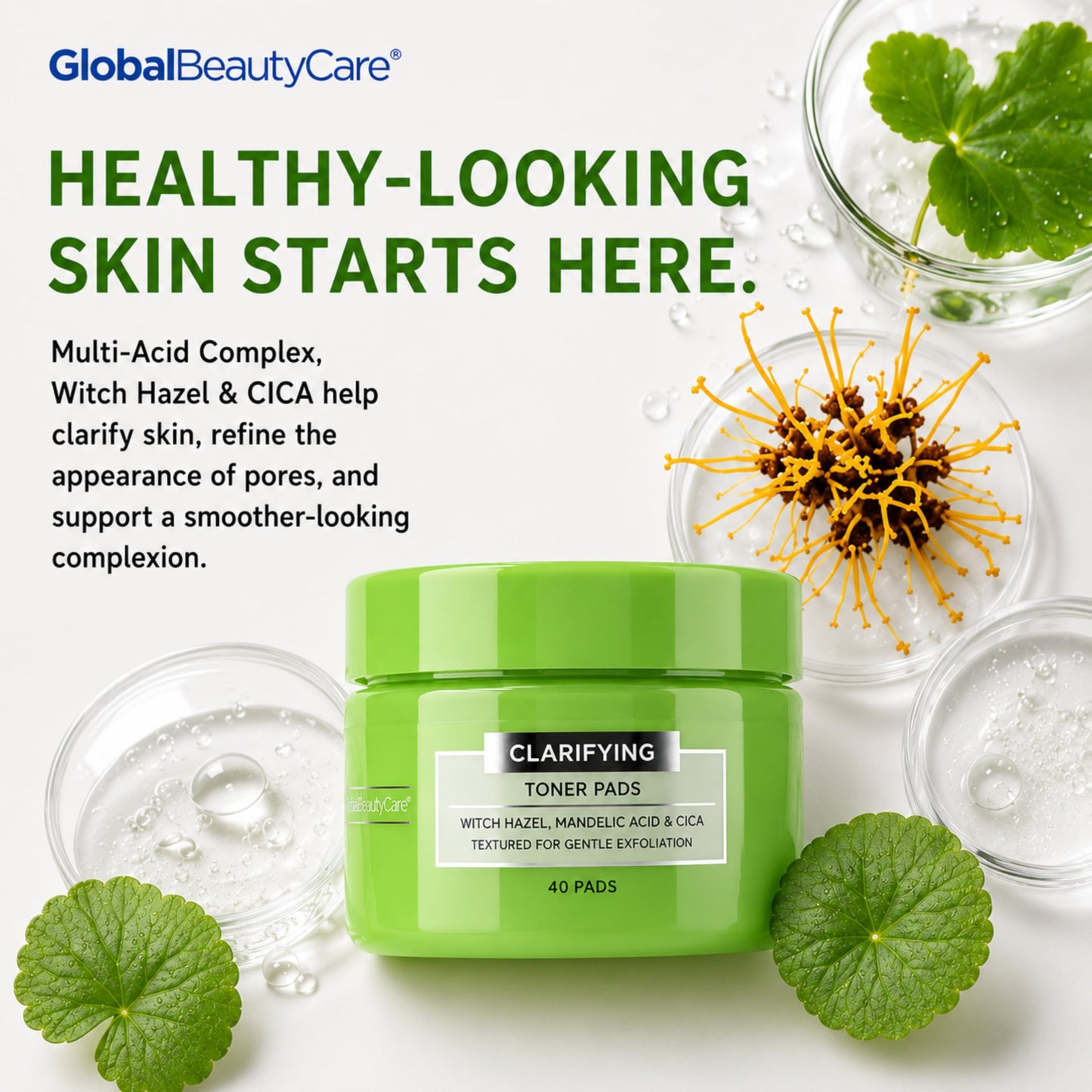 Global Beauty Care Clarifying Toner Pads - Face Toner Pads with Witch Hazel, Mandelic Acid & CICA, Dual Textured Exfoliating Facial Pads, Helps Refine Pores & Balance Skin, 120ct (3-Pack)