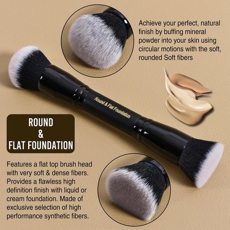 LORYP Black Makeup Brushes 2Pcs Duo End Foundation Powder Brush Set, Blush & Highlighter Brush and Round & Flat Foundation Brush