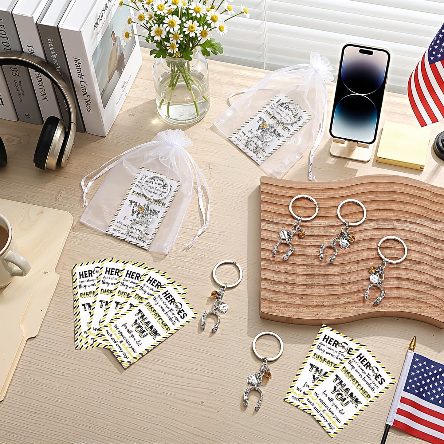 Quelay 12 Sets 911 Dispatcher Keychains Accessories Gifts Headset Keychain with Thank You Card 911 Telecommunicator Week Appreciation Gifts for Npstw Emergency Responder Retirement Office Team Staff