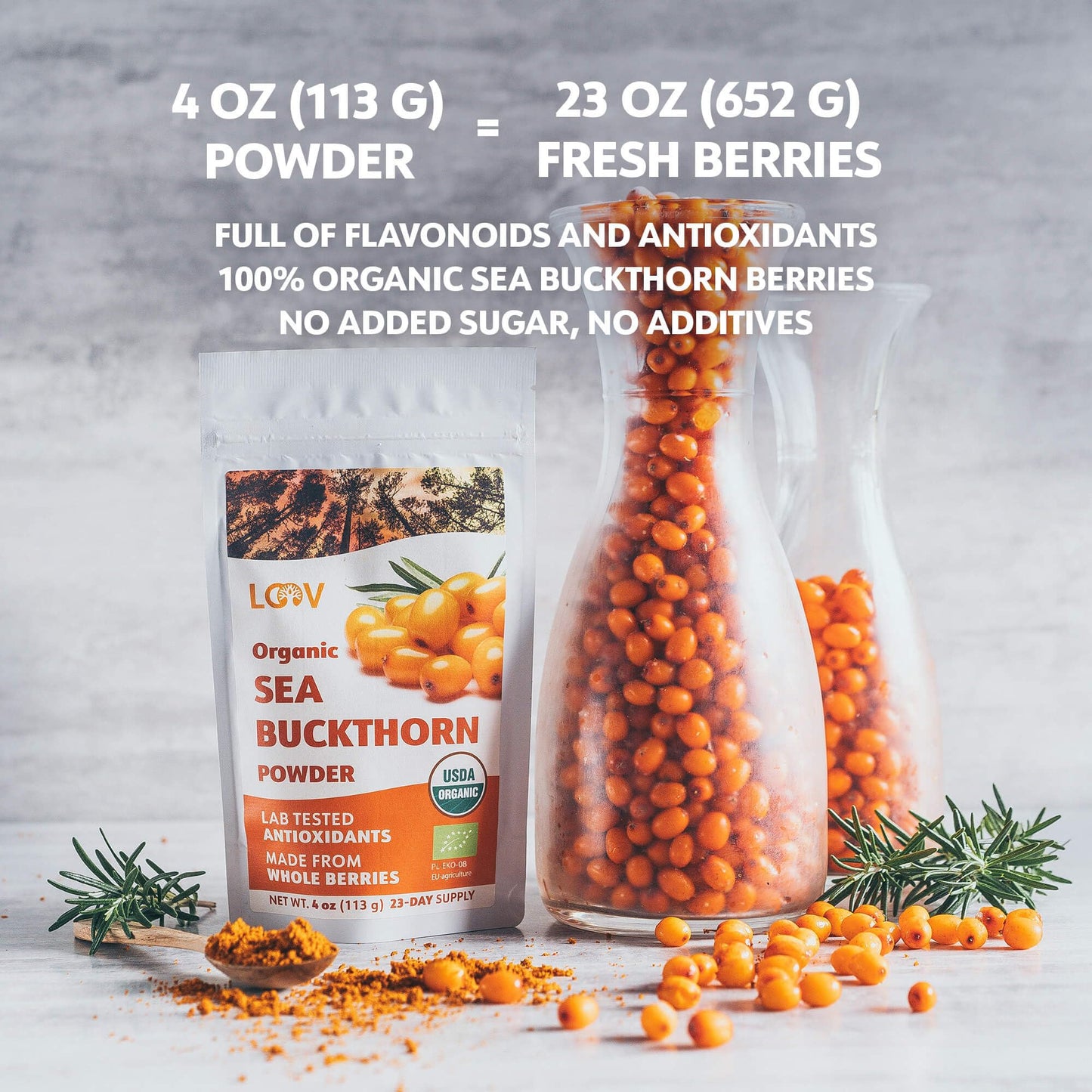LOOV Organic Sea Buckthorn Berry Powder, High in Fiber, Omegas, Vitamin C, Vitamin E, Made from Whole Berries, 4 Oz, Grown in Nordic Climate, 23-Day Supply, No Added Sugar, Non-GMO