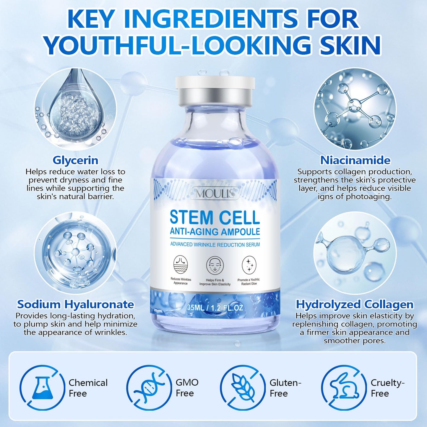 Stem Cell Serum for Face, Anti Aging Smooth Wrinkles Microneedling Serum Solution to Use with and without Micro Needling. (2 Bottle)