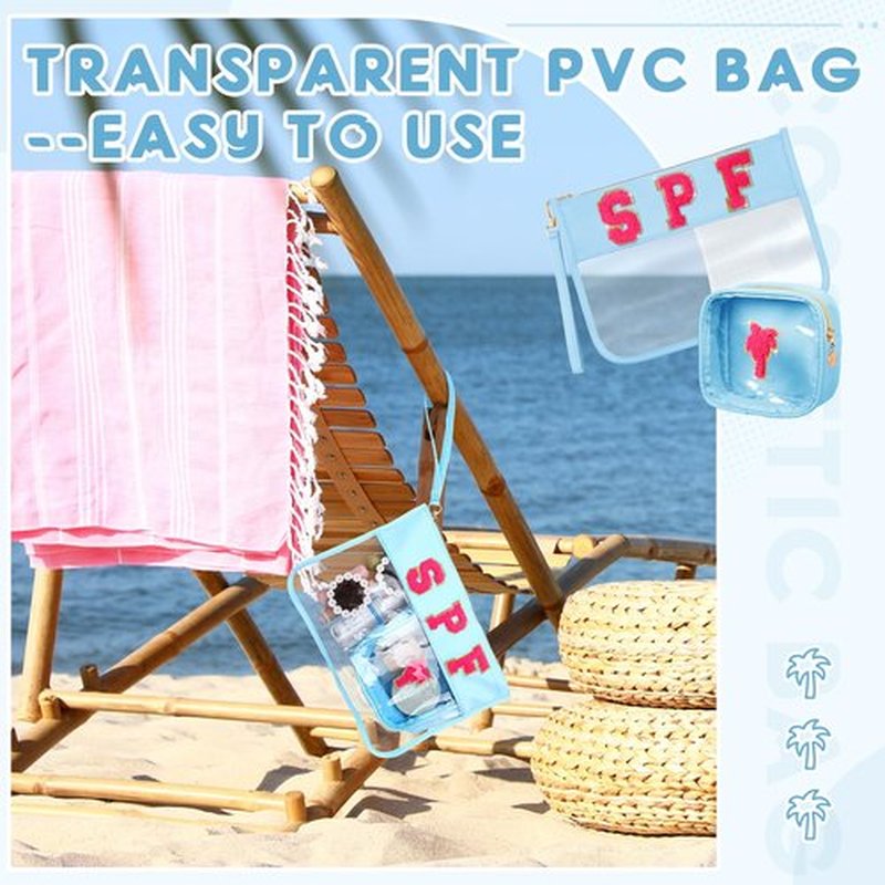 Hillban 2 Pcs Clear SPF Makeup Bag Chenille Letter Patch Sunscreen Bag Preppy Pouch Clear Cosmetic Toiletry Bag Zipper Purse Summer Beach Pool Sunscreen Bag(Spf Theme)