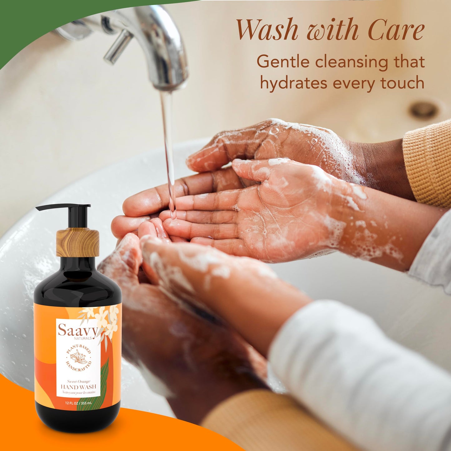 Saavy Naturals Hand Wash – Plant-Based Liquid Hand Soap with Aloe Vera, Shea Butter & Essential Oils – Sulfate-Free, Moisturizing, Food-Grade Ingredients – Sweet Orange – 12 fl oz, 2 pack