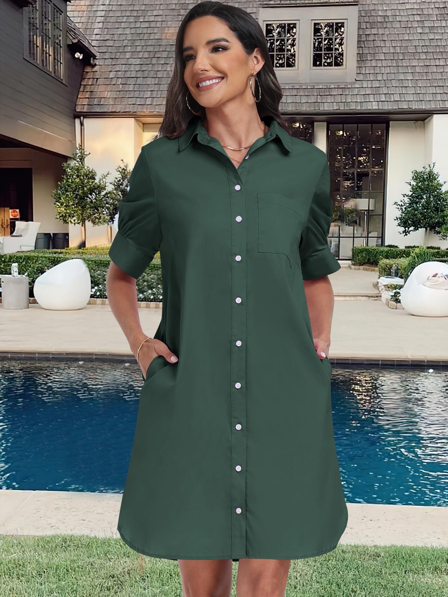 ANRABESS Womens Button Down Shirt Dress Summer Short Sleeve Business Casual Shift Dresses with Pockets 2026 Trendy Army Green Small