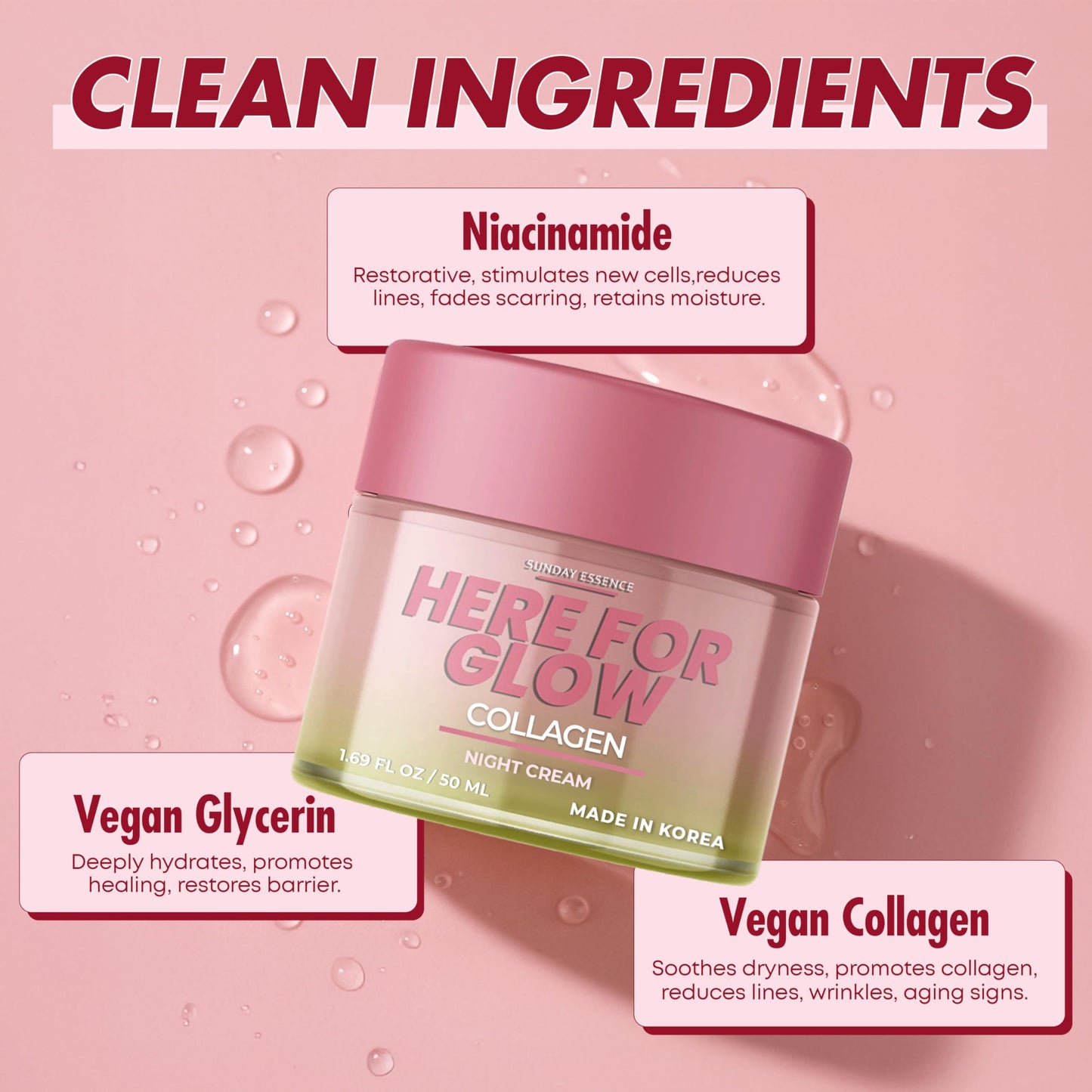 Sunday Essence Collagen Night Cream - Dermatologist Tested, Korean Skin Care, Anti-Aging - Hydrating Moisturizer, Retains Moisture - Vegan, Non- GMO, Clean Beauty, 95% Natural - 1.69 Fl Oz