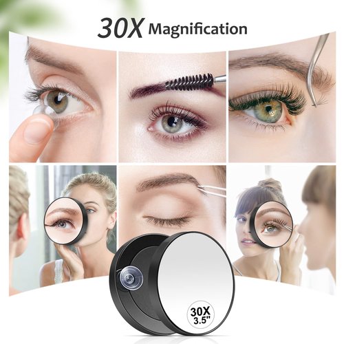 MIYADIVA 30X Magnifying Mirror, Small Magnifying Mirror with Suction Cup and Tweezers, As a Travel Magnifying Mirror, Compact Mirror Set for Plucking Eyebrows 3.5 Inches