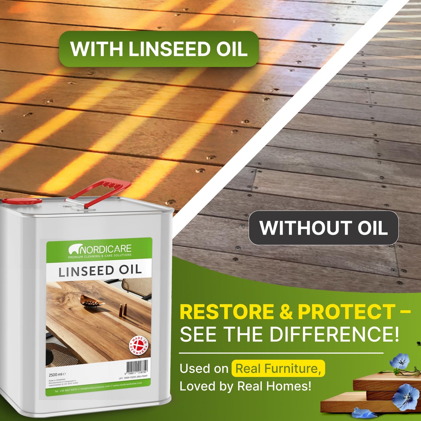Nordicare Linseed Oil for Wood - 100% Pure & Natural Linseed Oil for Entire Indoor Area - Food-Safe Raw - Furniture - Underlines the Original Wood Structure - Made in Denmark 84.5oz