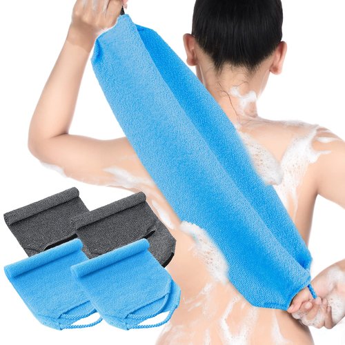 Moukeren Exfoliating Back Scrubber with Handles 4 Packs Nylon Back Exfoliator Extended Length Back Washers Scrubbers Stretchable Pull Strap(Dark Blue, Gray, Beige, Fluorescent Green)