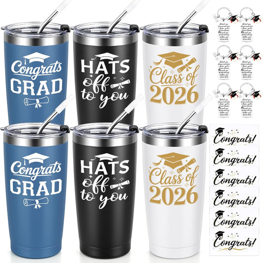 Graduation Gifts 2026 | 6-Pack 20oz Insulated Tumblers with Keychains & Cards for High School & College Graduates