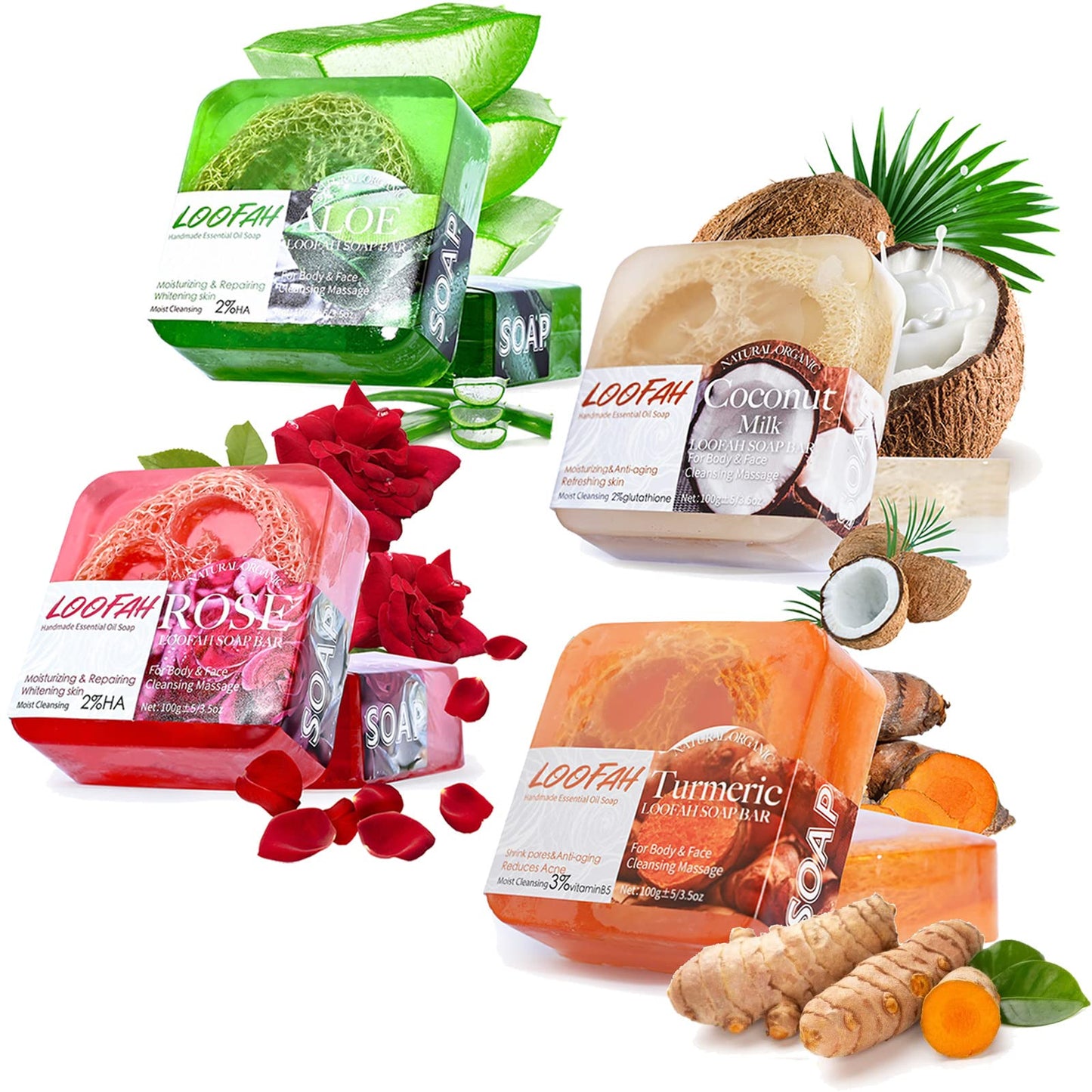 Natural Loofah Soap Bar 4PCS,Exfoliating Natural Soap with Loofah Inside-[Turmeric,Aloe,Rose,Coconut Milk],Moisturizing Handmade Soap for Face and Body