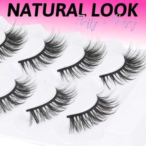 Veleasha Lashes Wispy False Eyelashes 100% Handmade Eyelashes Natural Look Fake Lashes Lightweight Lashes with Soft Cotton Band 5 Pairs Pack (G2-Black Cotton Band)