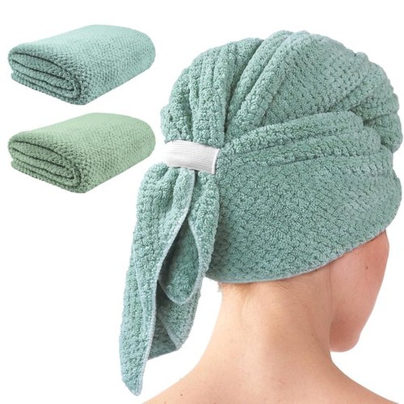 my novel things 2 Pack Extra Large Microfiber Hair Towel, 37.4" x 26.4" Hair Towel wrap for Women, Super Absorbent & Quick Dry Hair Towel, Hair Towel Wrap with Elastic Strap for Curly Hair (Green)
